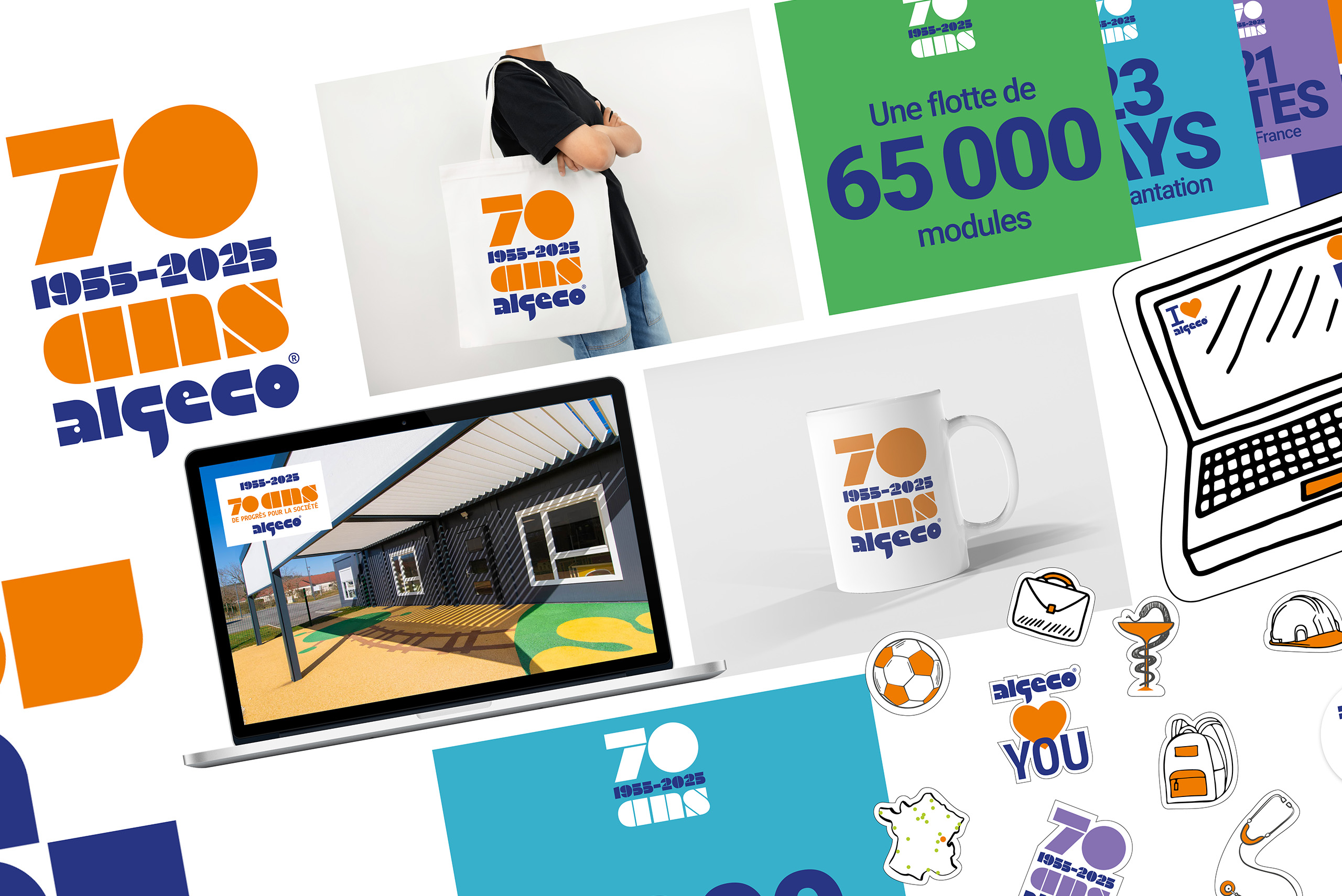 Collage anniversaire 70 ans ALGECO® avec visuels institutionnels et produits dérivés