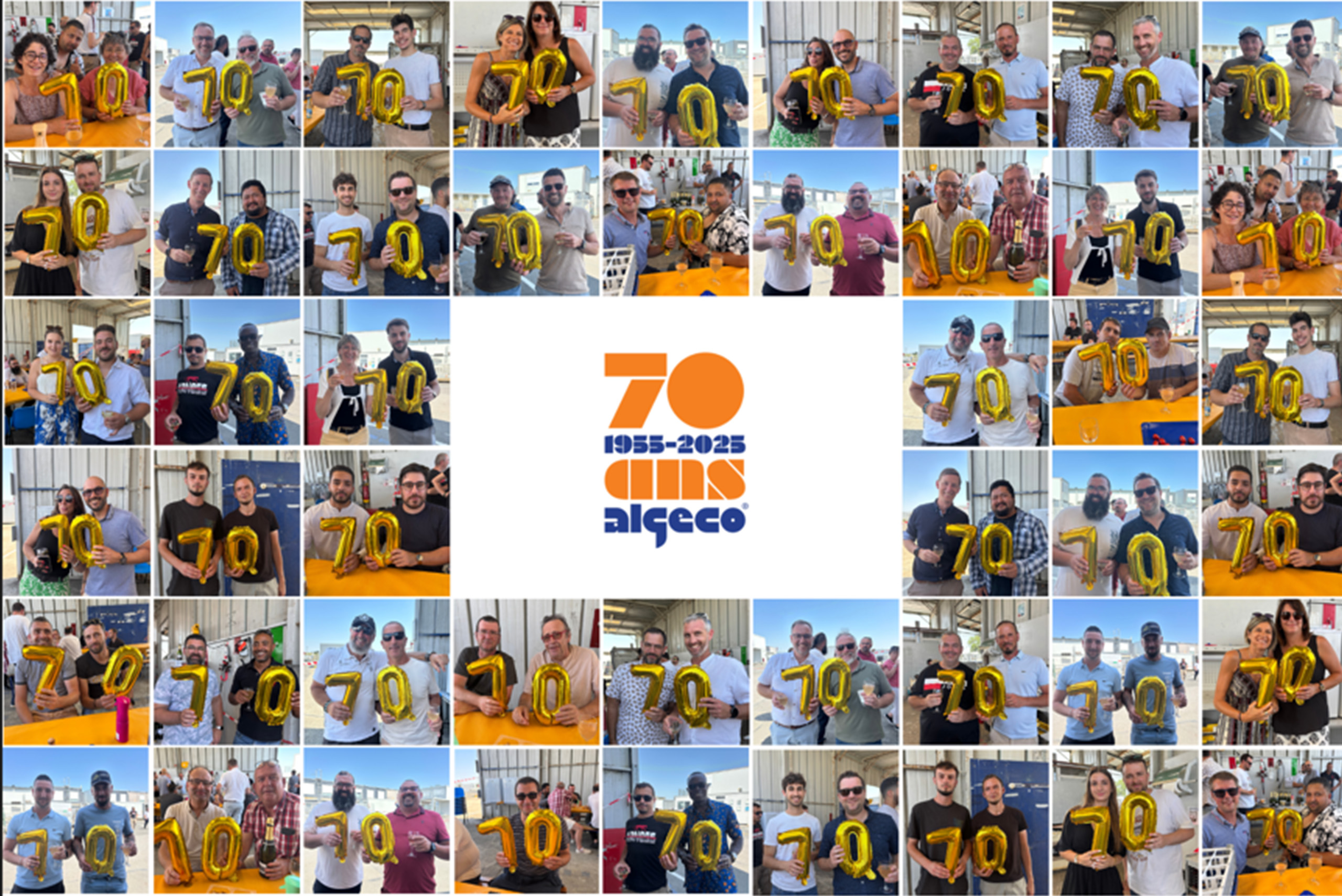 Mosaïque de portraits de collaborateurs célébrant les 70 ans ALGECO®