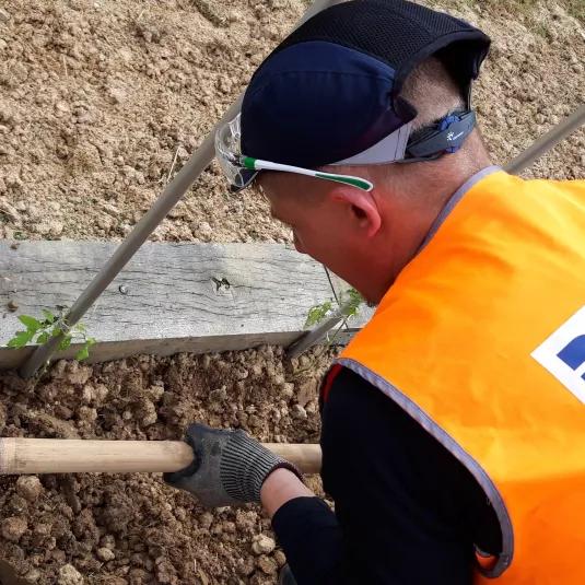 expert Algeco creusant la terre avec une pioche