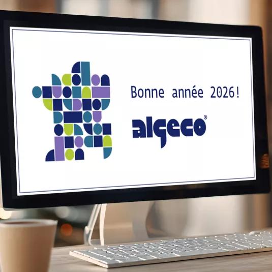 carte de vœux Bonne année 2026 avec le logo ALGECO® sur écran d’ordinateur