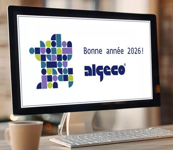 carte de vœux Bonne année 2026 avec le logo ALGECO® sur écran d’ordinateur