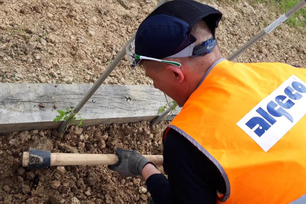 expert Algeco creusant la terre avec une pioche