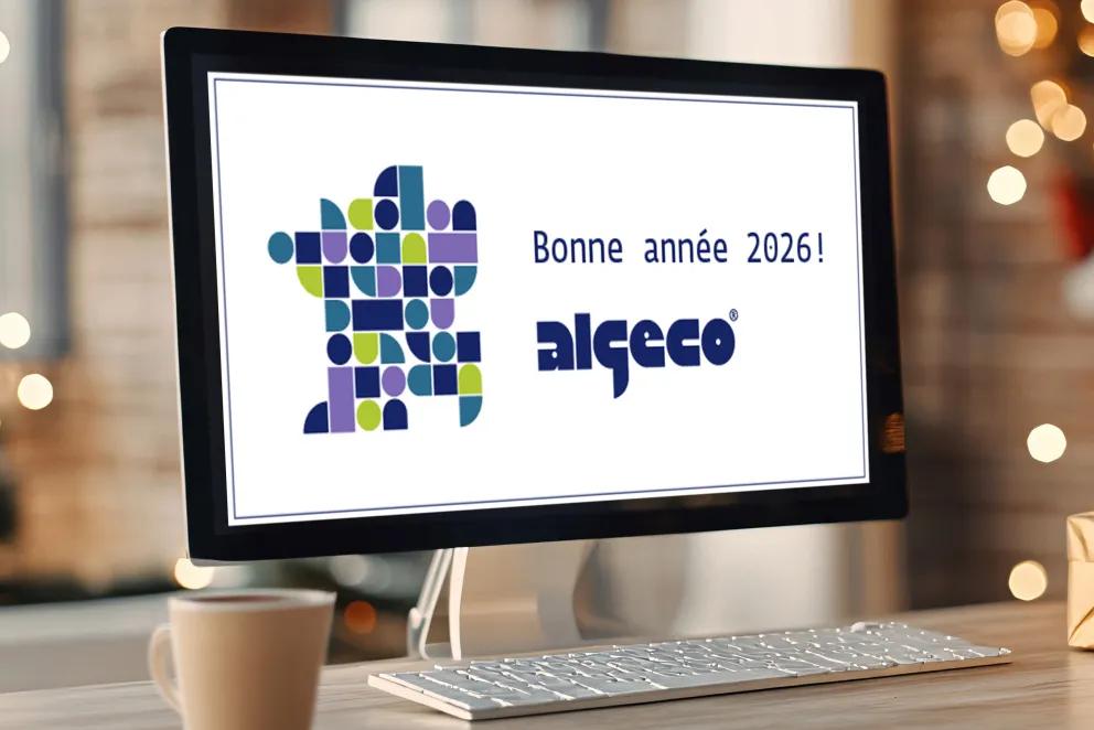carte de vœux Bonne année 2026 avec le logo ALGECO® sur écran d’ordinateur