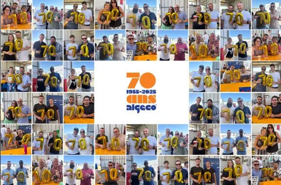 Mosaïque de portraits de collaborateurs célébrant les 70 ans ALGECO®